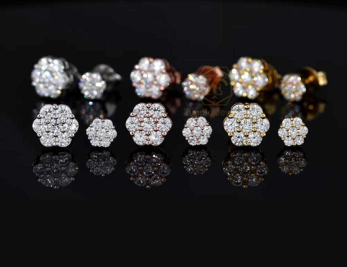 Moissanite Flower Shape Cluster Push Back Earrings