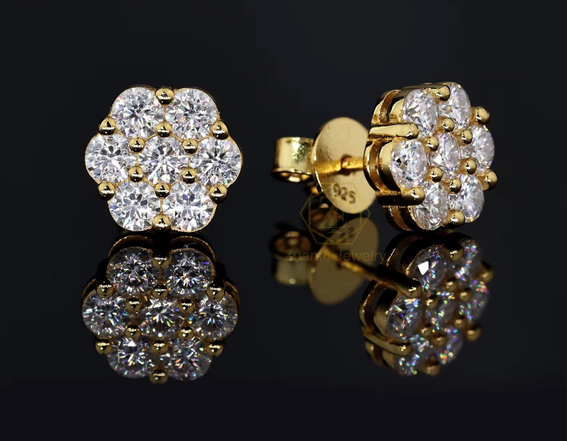 Moissanite Flower Shape Cluster Push Back Earrings