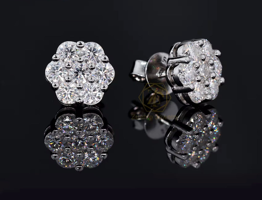 Moissanite Flower Shape Cluster Push Back Earrings