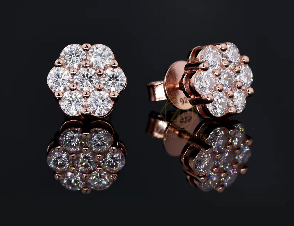 Moissanite Flower Shape Cluster Push Back Earrings